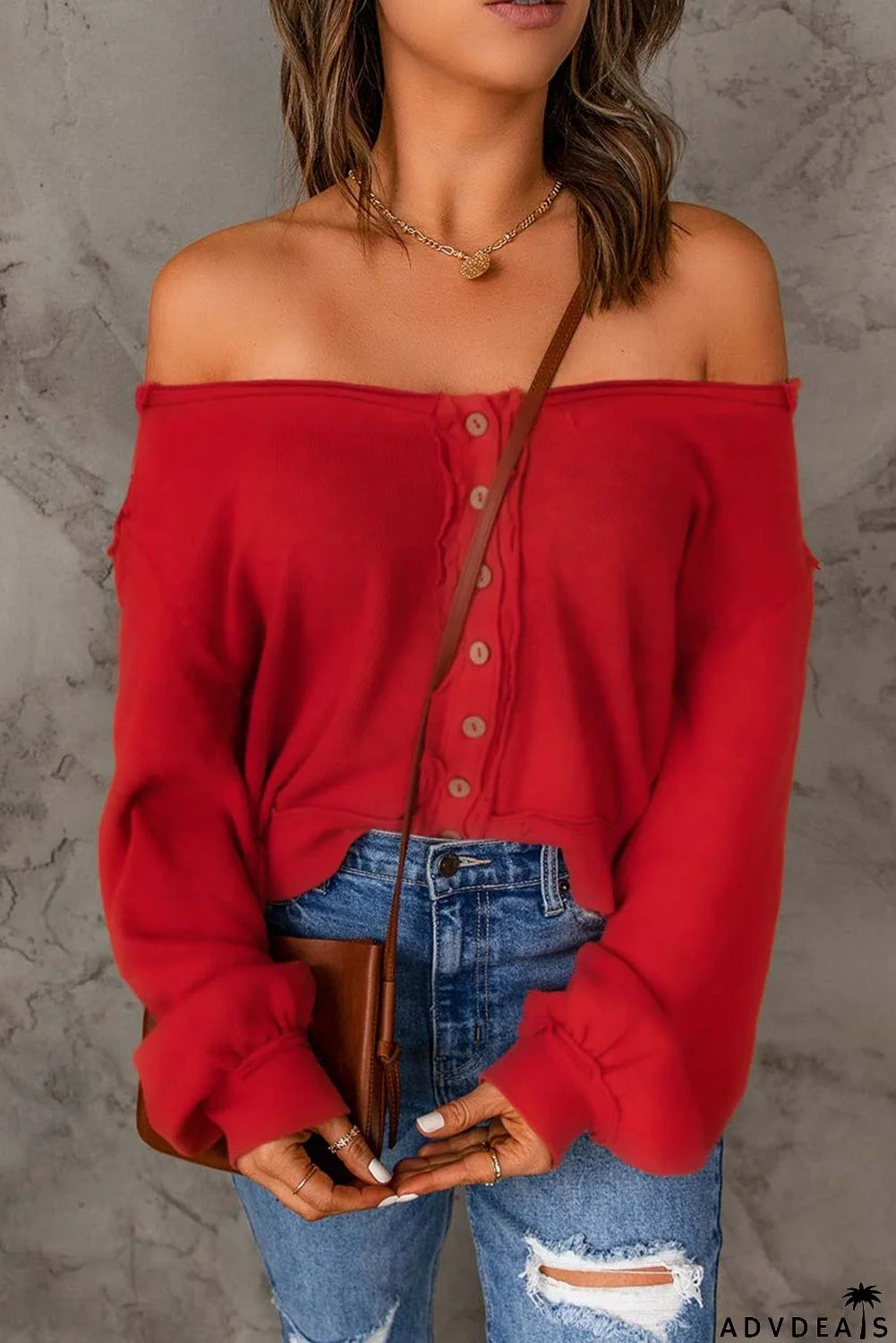 Red Button Front Distressed Knit Top