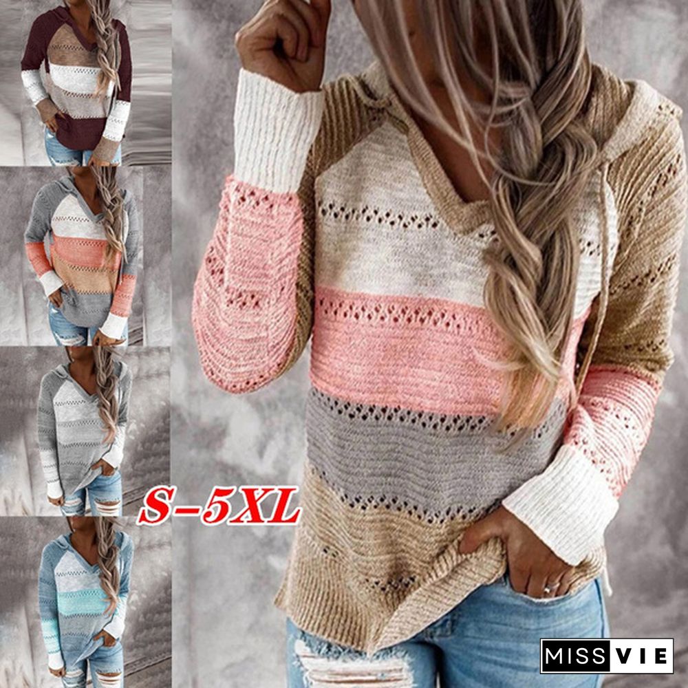 New Fashion Stitching V-neck Hooded Sweaters for Women Autumn Hollow-out Knitted Sweater Color Block Pullover Hoodies Coat