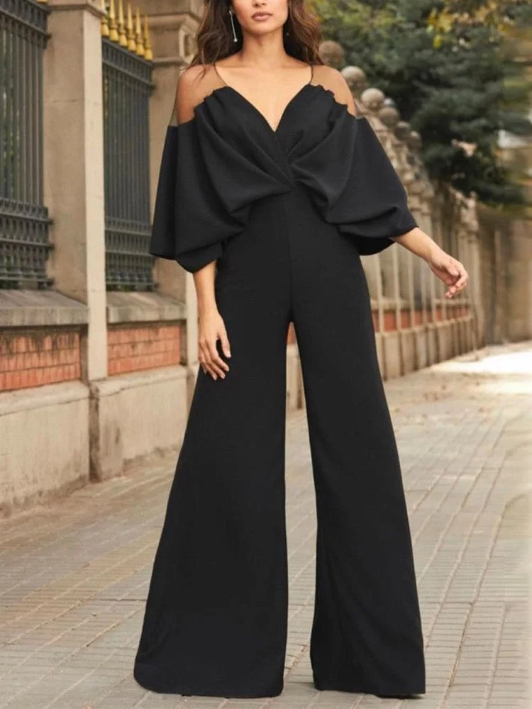 Batwing Sleeves Loose Solid Color Split-Joint Deep V-Neck Jumpsuits Bottoms