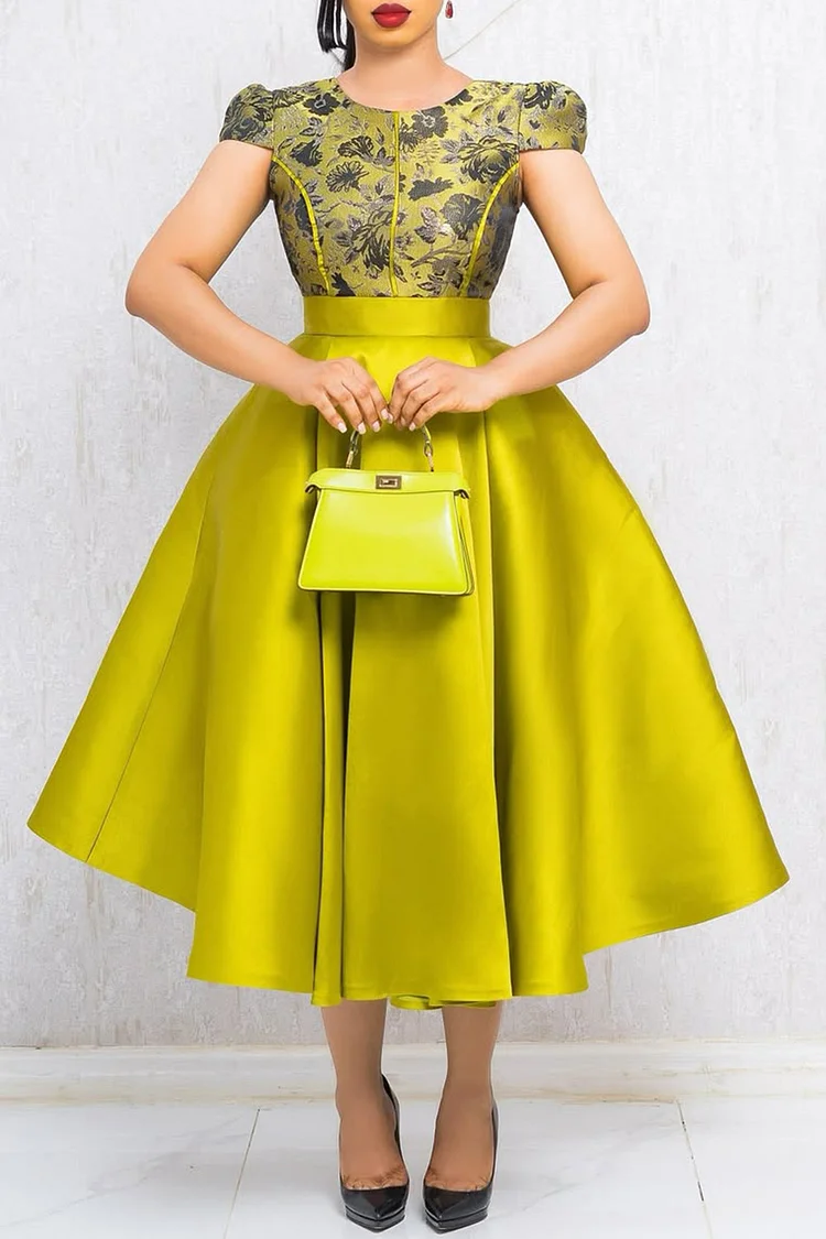 Plus Size Wedding Guest Green Elegant Round Neck Cap Sleeve Pocket Contrast Satin Midi Dresses [Pre-Order] 2024 - Xpluswear
