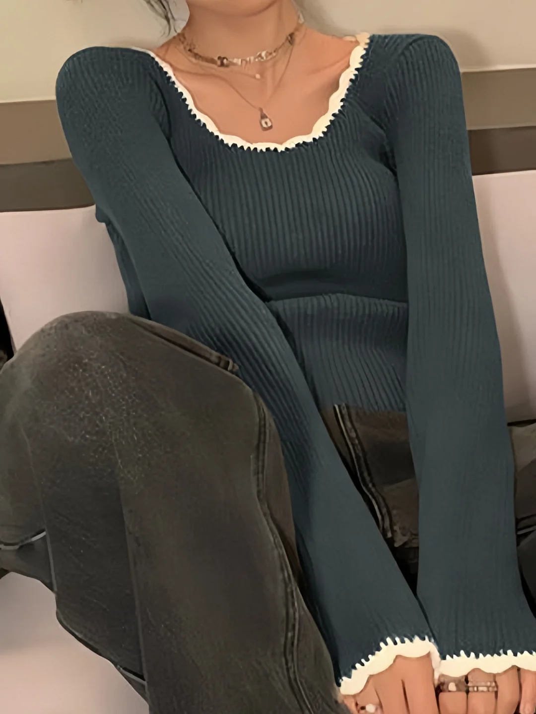 Brownm Gray Long Sleeve Knit Top with Contrast Color Hem