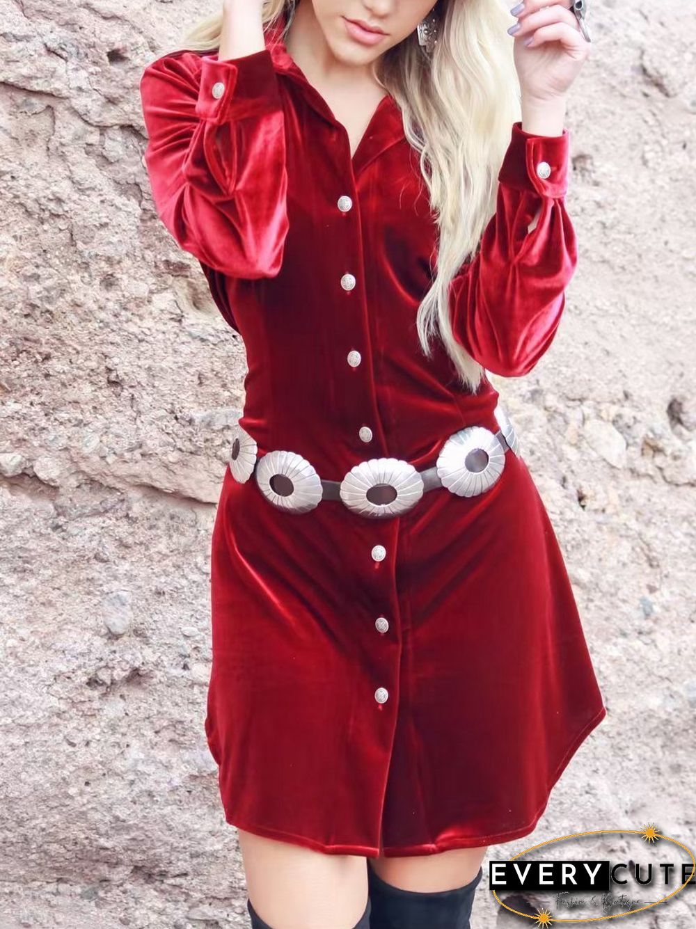 Red Plain Lapel Velvet Dress