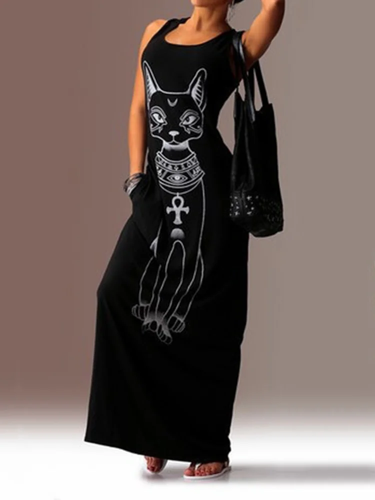 Ancient Egypt Cat Graphic Casual Maxi Dress