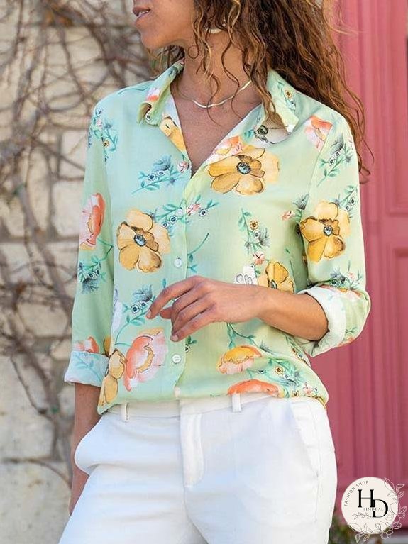 Blouses Printed Lapel Button Long Sleeve Blouse for Women
