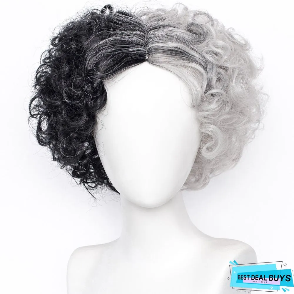 Ladies Cos Wig Black and White Witch Short Curly Hair