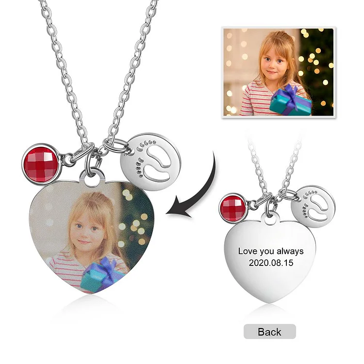 Custom Picture Necklace Heart Pendant With 1 Birthstone Personalized Gift, Personalized Necklace with Picture and Text