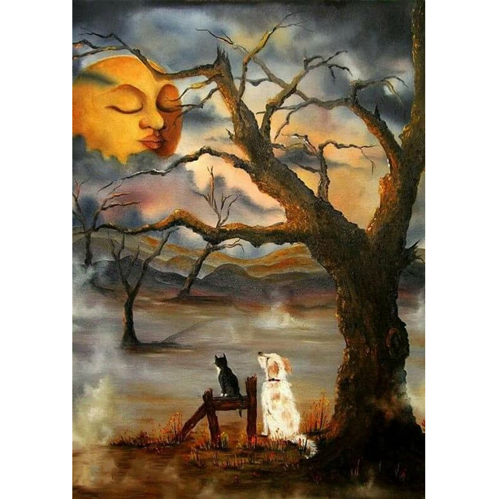 

30*40CM - Round Drill Diamond Painting - Tree Dog Cat, 501 Original