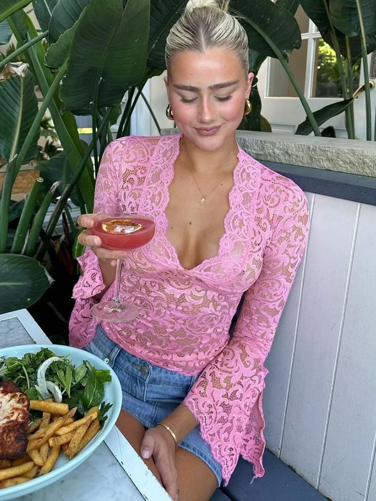 Women Sexy See Through Deep V Neck Flared Long Sleeve Aesthetic Lace T-Shirt 
