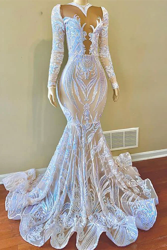 White Sequins Lace Mermaid Prom Dress With Long Sleeves PD0692