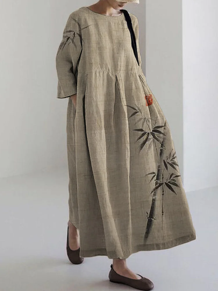 Classy Bamboo Japanese Art Linen Blend Maxi Dress