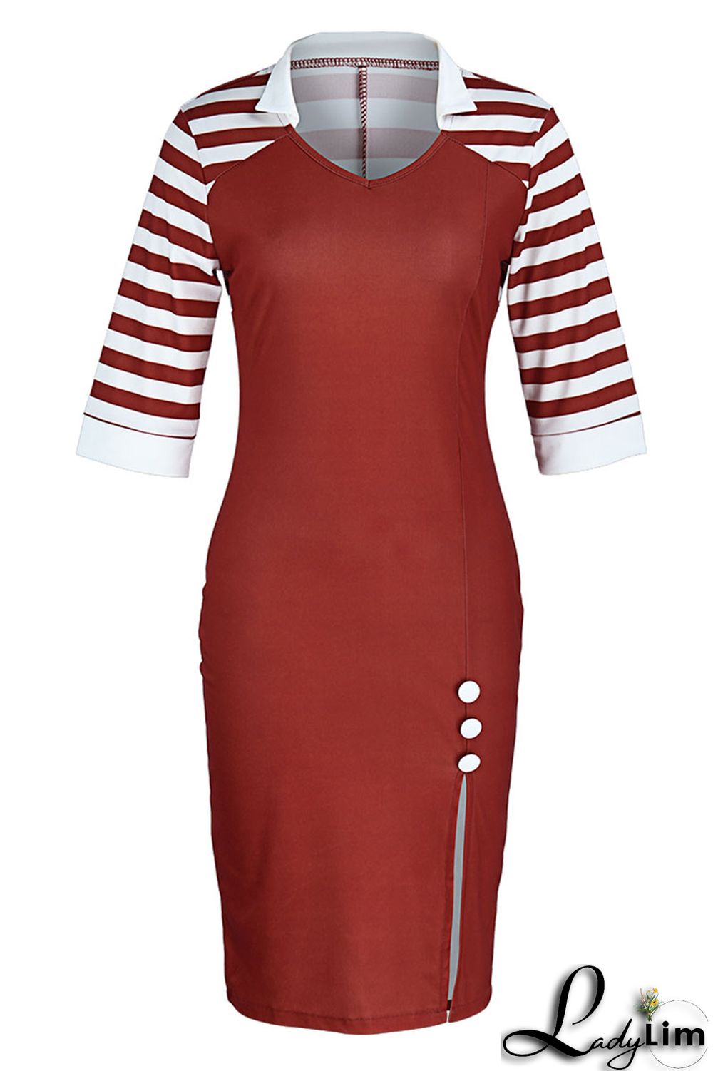 Green Casual Print Patchwork Buttons Slit V Neck One Step Skirt Dresses