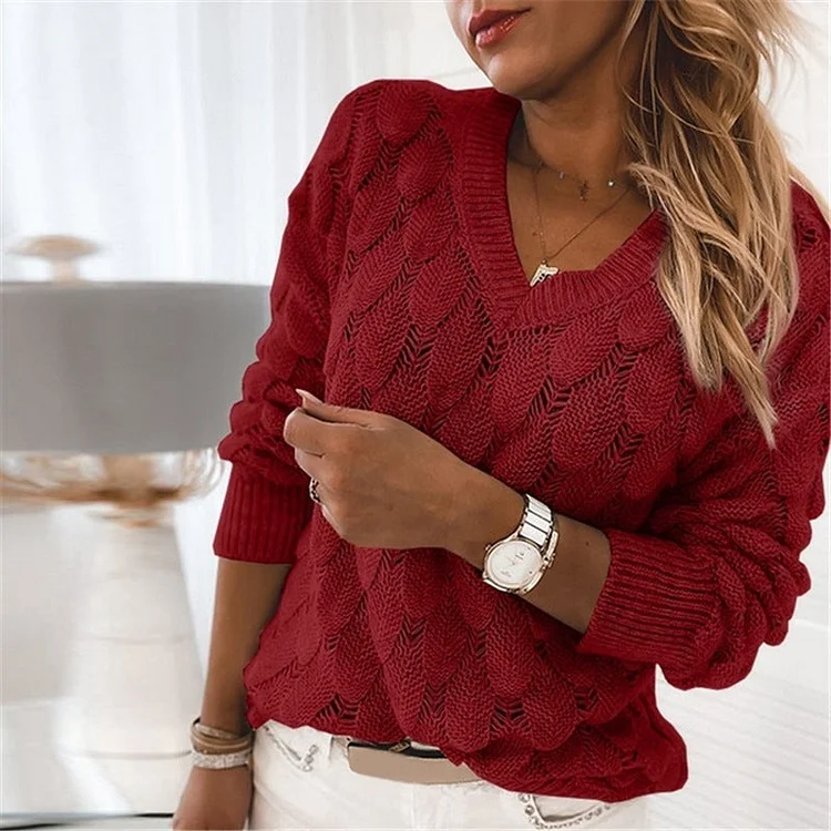 Winter New Sweater Knitted Feather Hollow V-neck Long Sleeves-Cosfine