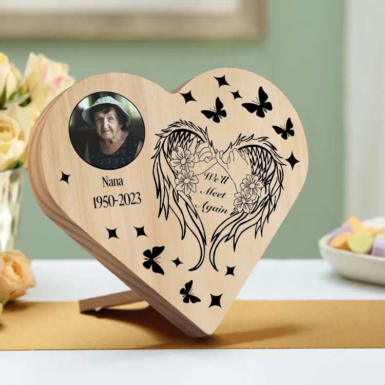 Personalized Memorial Angel Wings Wood Heart Ornament-Custom Heart Wooden Desktop Decoration-We'll Meet Again