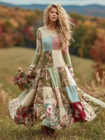 Women's Vintage Floral Patchwork Art Cozy Knit Maxi Sweater Dress