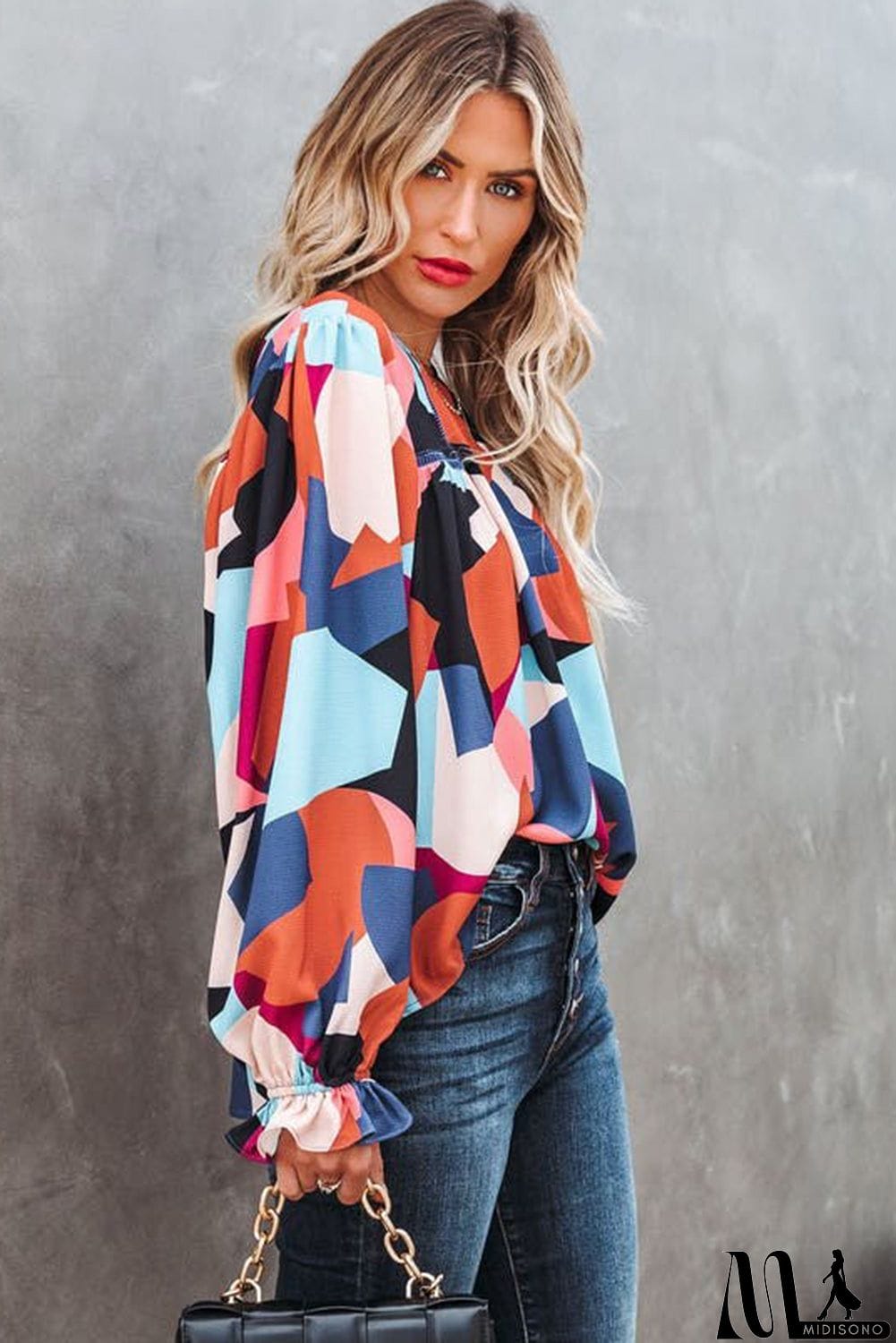 MidiSono - Abstract Pattern Crewneck Ruffled Puff Sleeve Blouse