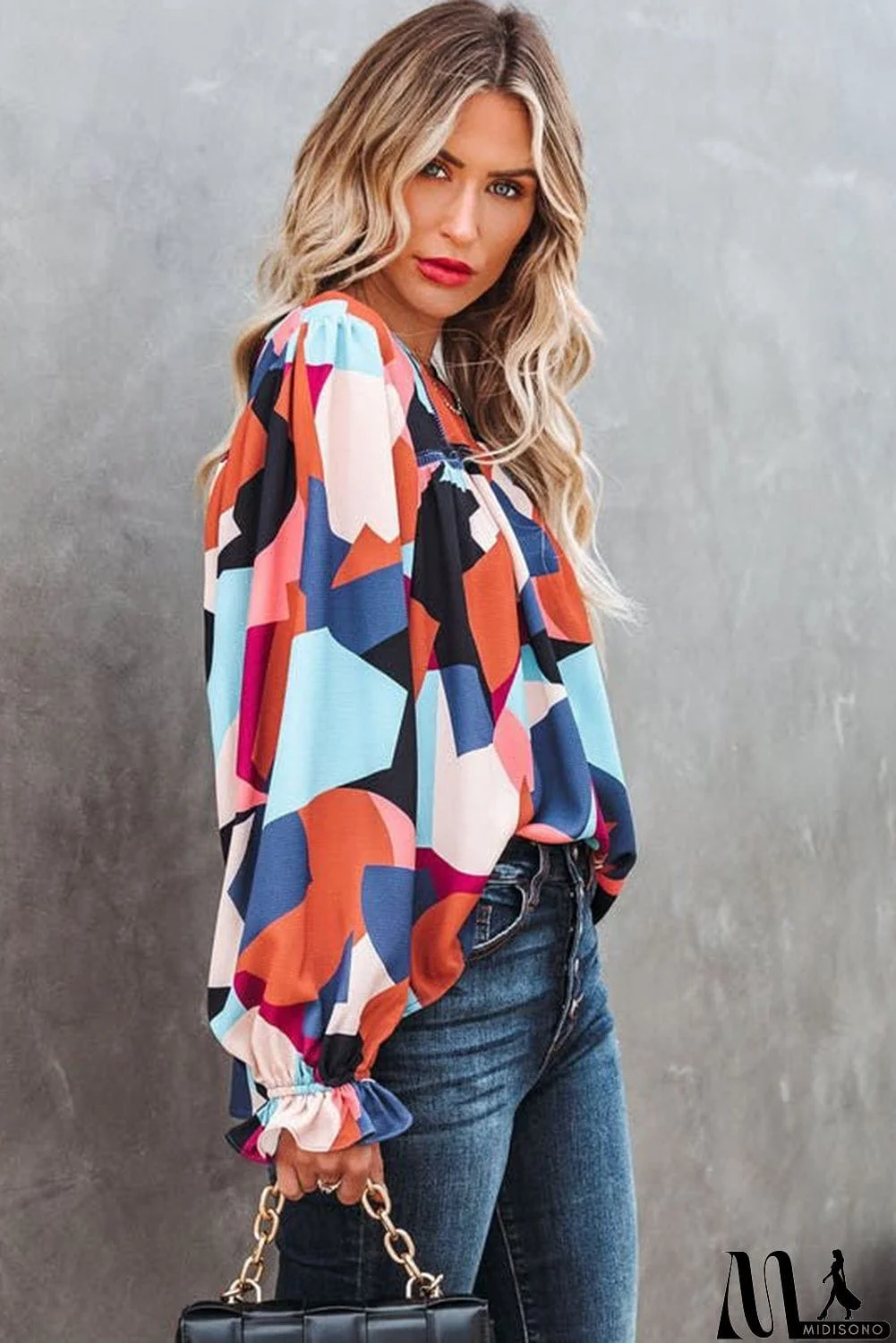 MidiSono - Abstract Pattern Crewneck Ruffled Puff Sleeve Blouse