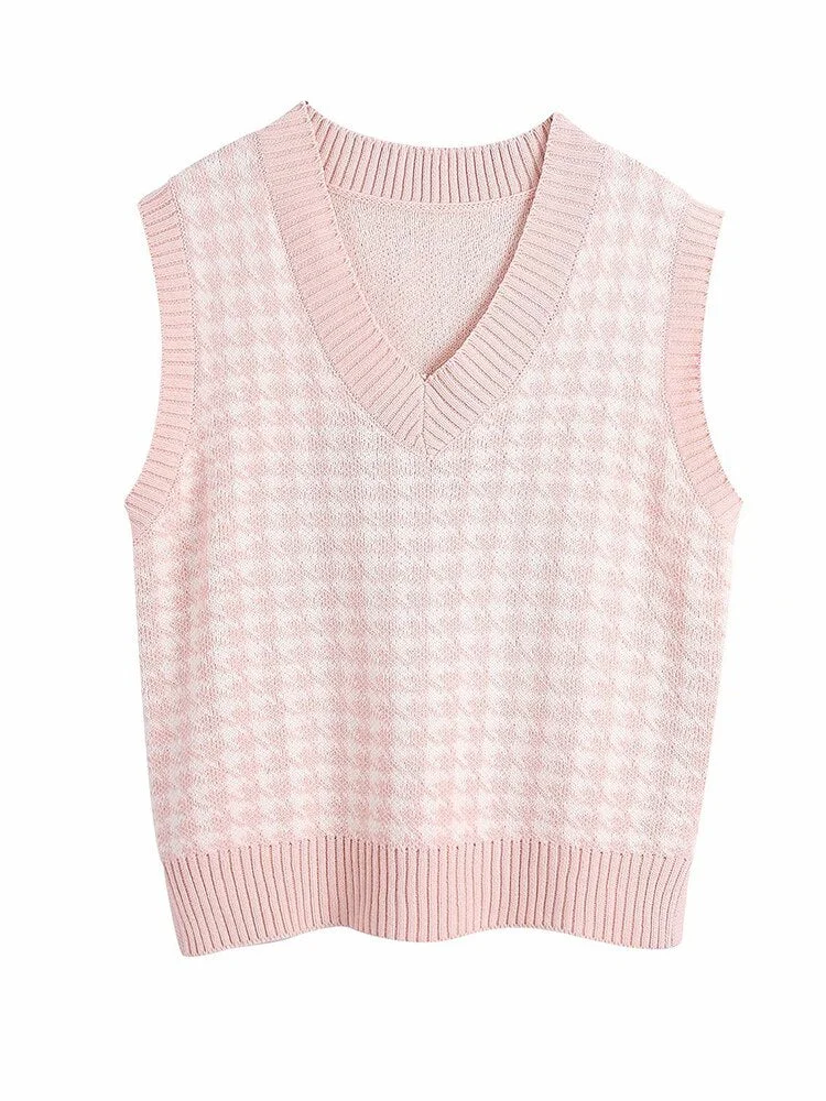 WannaThis V-neck Sweaters Women Sleeveless Print Casual Y2K Loose England Style Patchwork Knit Autumn Winter Tank Tops Fashion