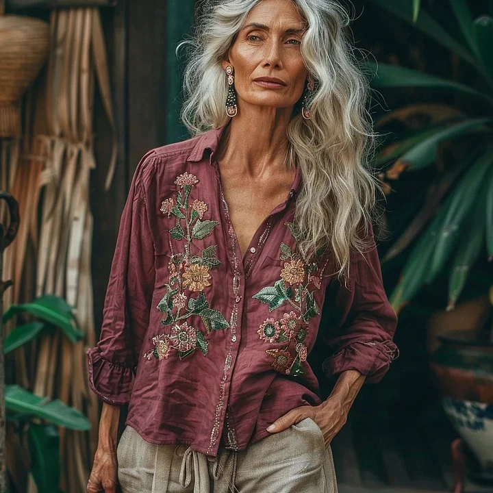 Lunivibe Bohemian Style Linen Floral Art Print Long Sleeve Shirt