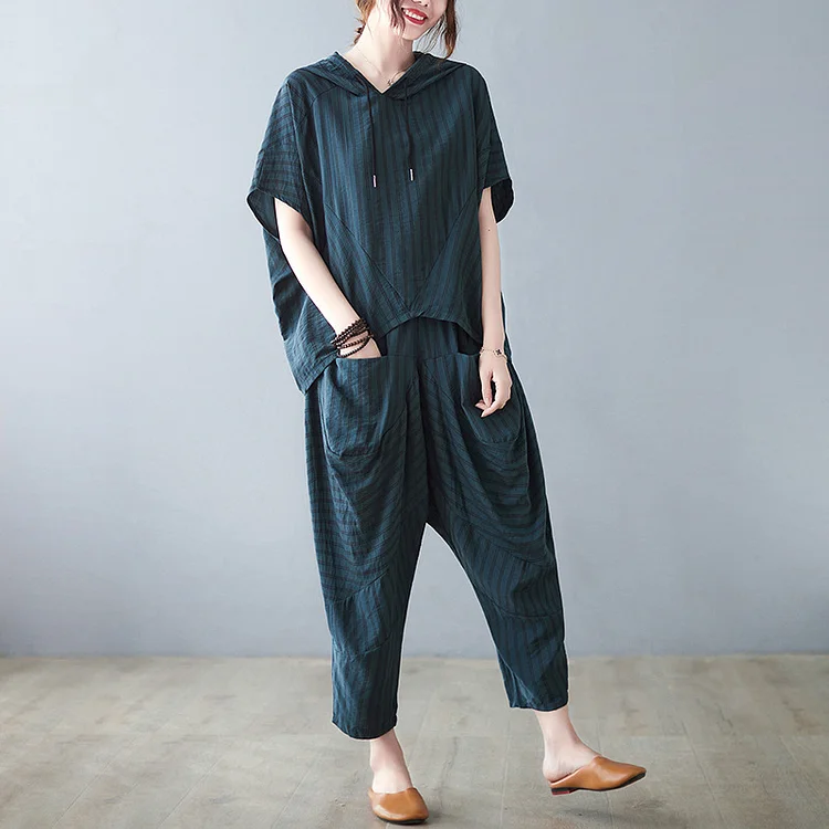 Casual Hooded Short Sleeve Top Loose Harem Pants Suit