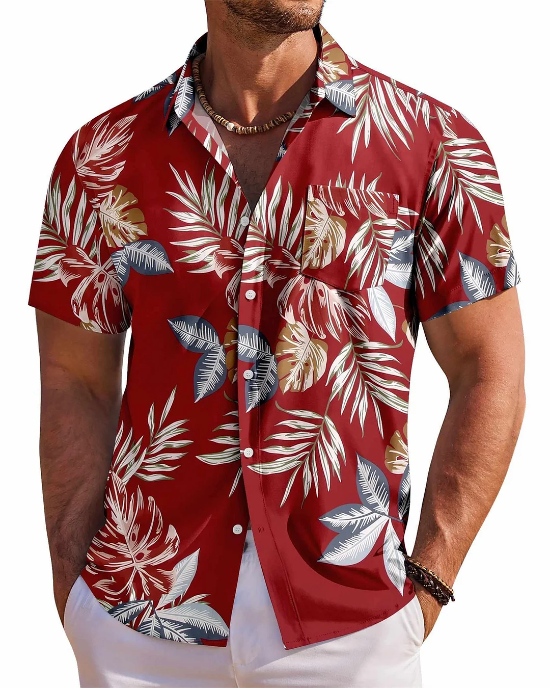 Men's Palm Leaf Everyday Hawaiian Tropical Print Casual Pocket Short Sleeve Shirt  1386