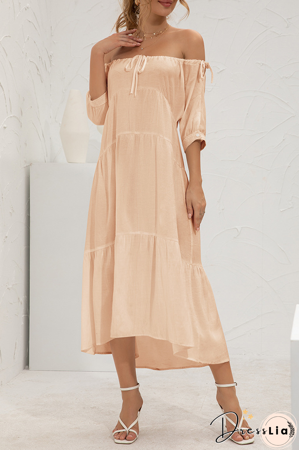 Elegant Solid Split Joint Frenulum Off The Shoulder Cake Skirt Dresses