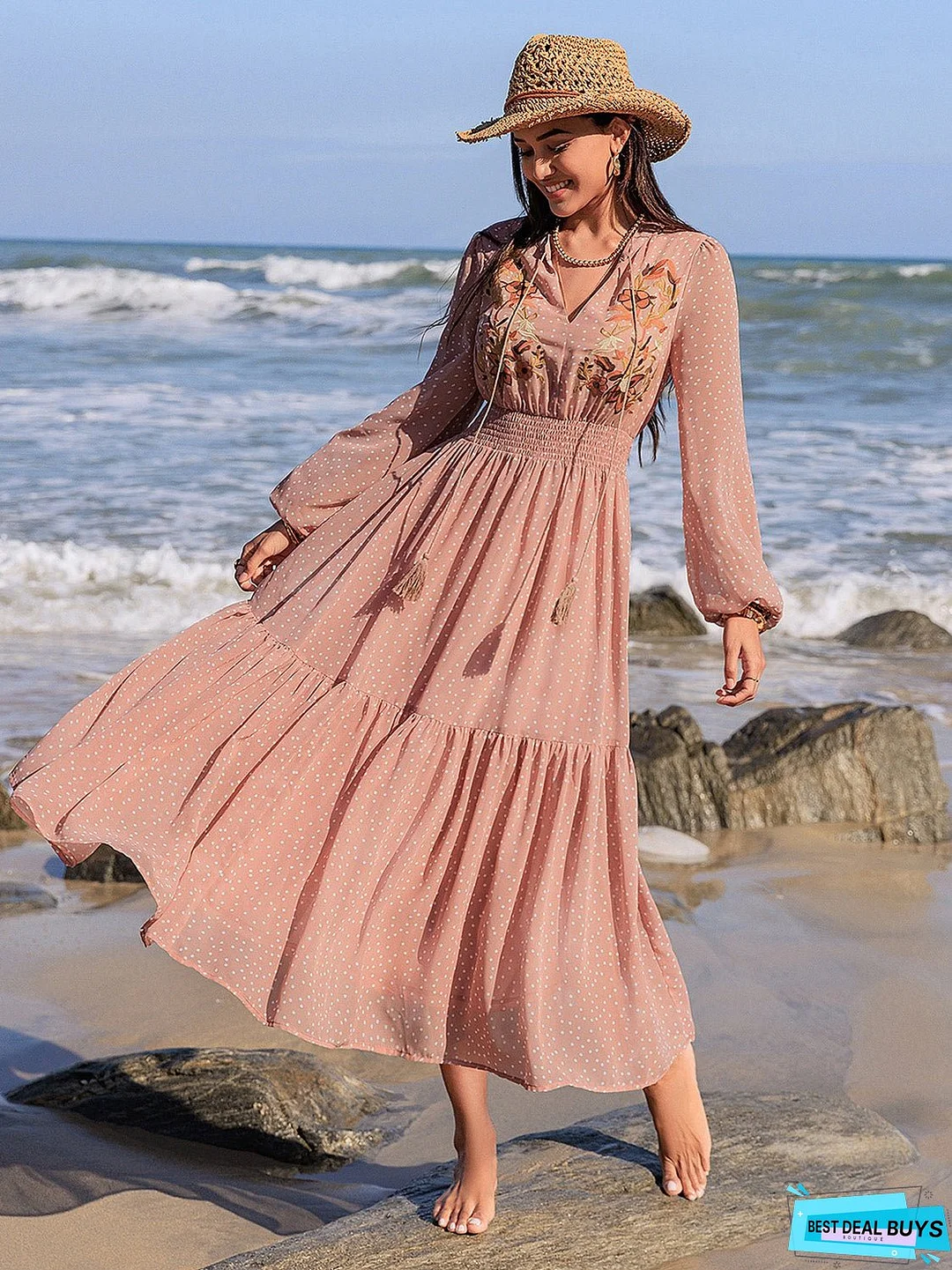 Embroidered Polka Dot Tie Neck Long Sleeve Midi Dress