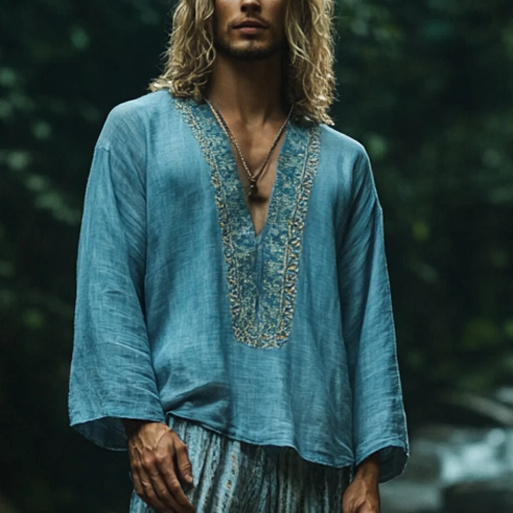 Men's Bohemian Holiday Style Vintage Ethnic Totem Printed Cotton And Linen Casual Tops-inspireuse