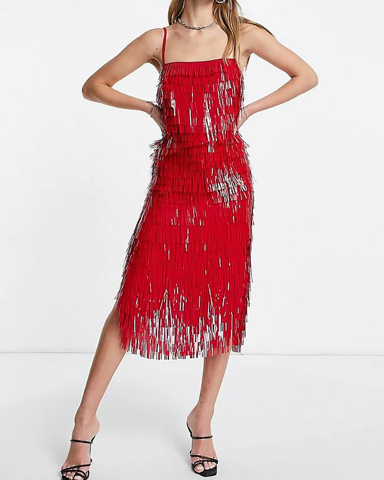 Layered sequined fringed glitter midi dress