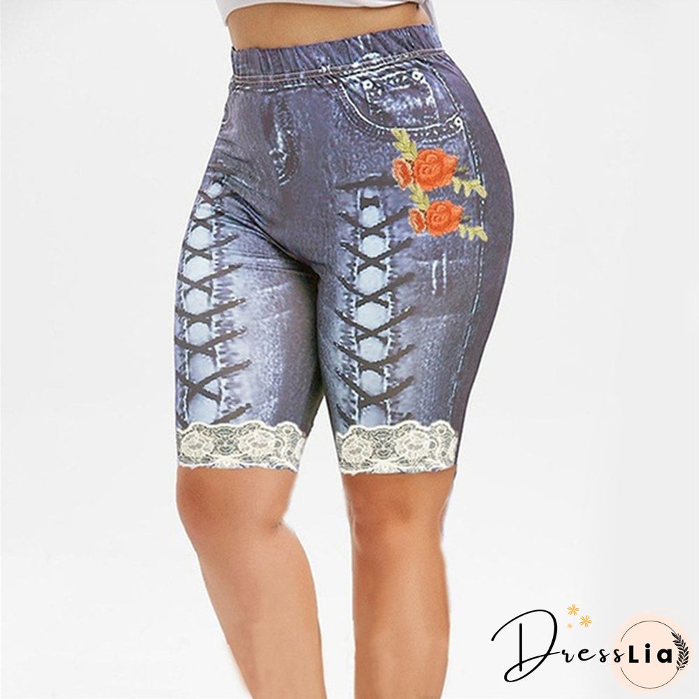 Women Lace Up Floal Print Faux Faux Denim Shorts Casaul Slim Fit Capri Shorts Leggings