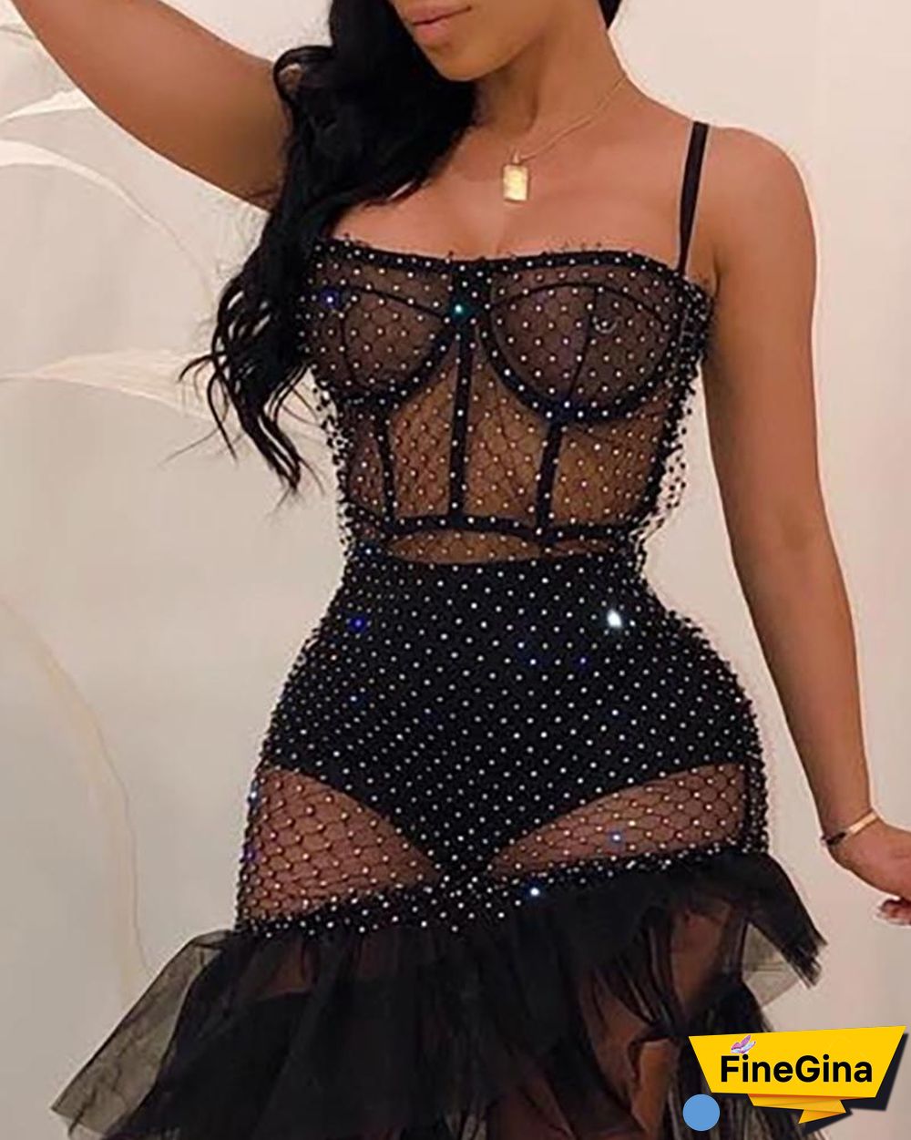 Sheer Mesh Rhinestone Slit Party Dress