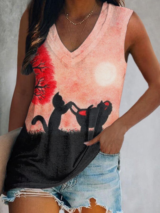 V-Neck Mother&#039;s Day Cat Print Tank Top
