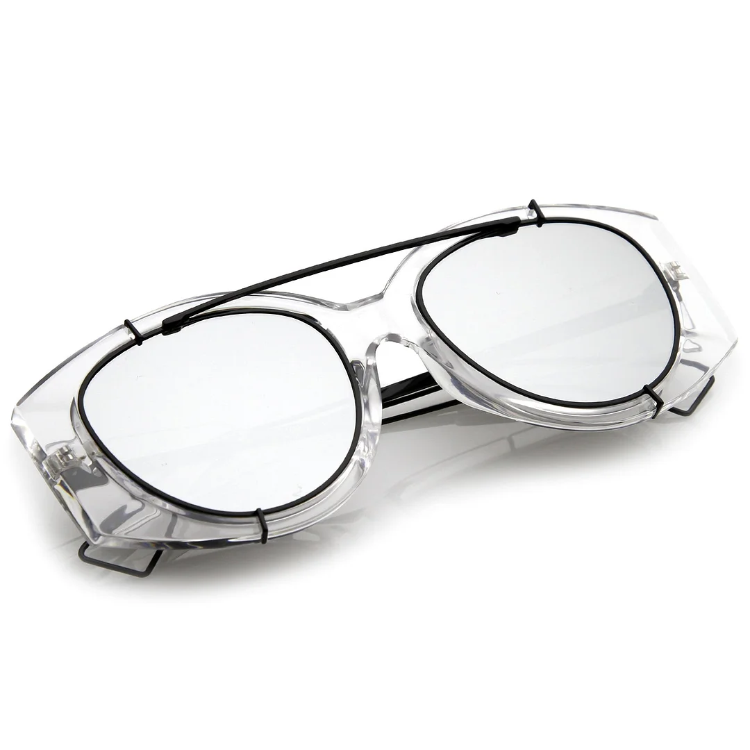 Futuristic Translucent Wire Metal Arms Crossbar Mirrored Flat Lens Oversize glasses 53mm