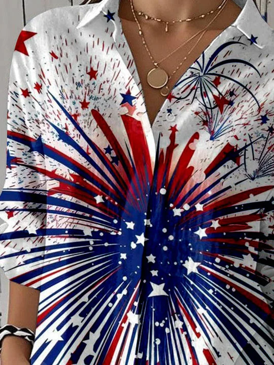 Women 3/4 Sleeve Shirt Collar National Flag Striped Printed Graphic Button Tops