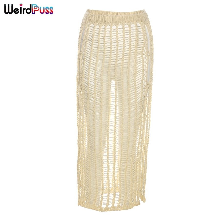 Weird Puss Summer Knitting Sexy Long Skirt Women Elastic See-Through Hollow Out Grid Party Streetwear Bottom Solid Color Outfits