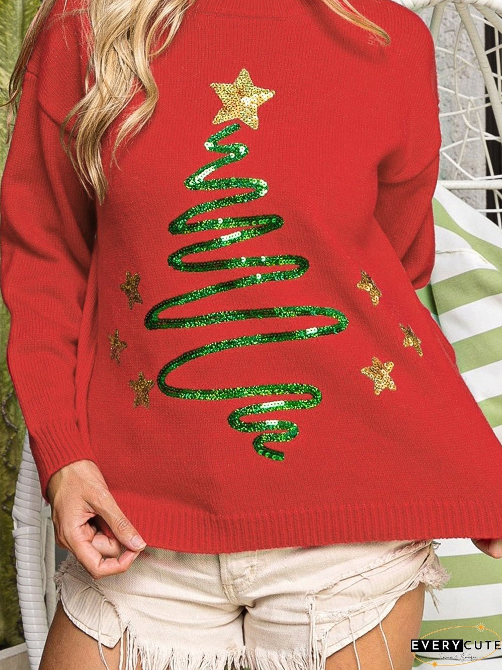 Festive Red Sequin Christmas Tree Sweater with Drop Shoulders