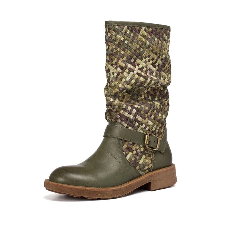 Woven Leather Boots Mid Calf Color Blocking Design Riding Boots In Green/Apricot/Red/Black