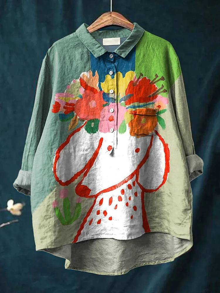 Dog In Floral Crown Painting Printed Women's Casual Cotton And Linen Shirt