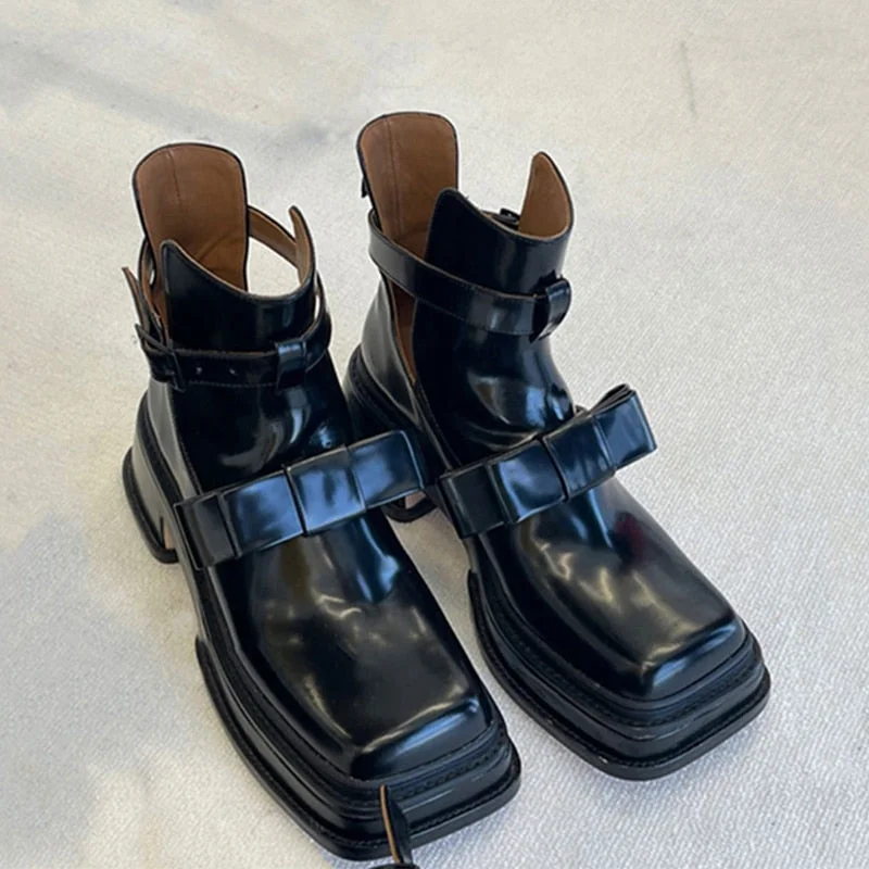 Vstacam Square Toe Bowknot Women Black Oxfords Shoes 2022 Spring Autumn Fashion Design Leather Platform Flats Shoes Women Oxfords