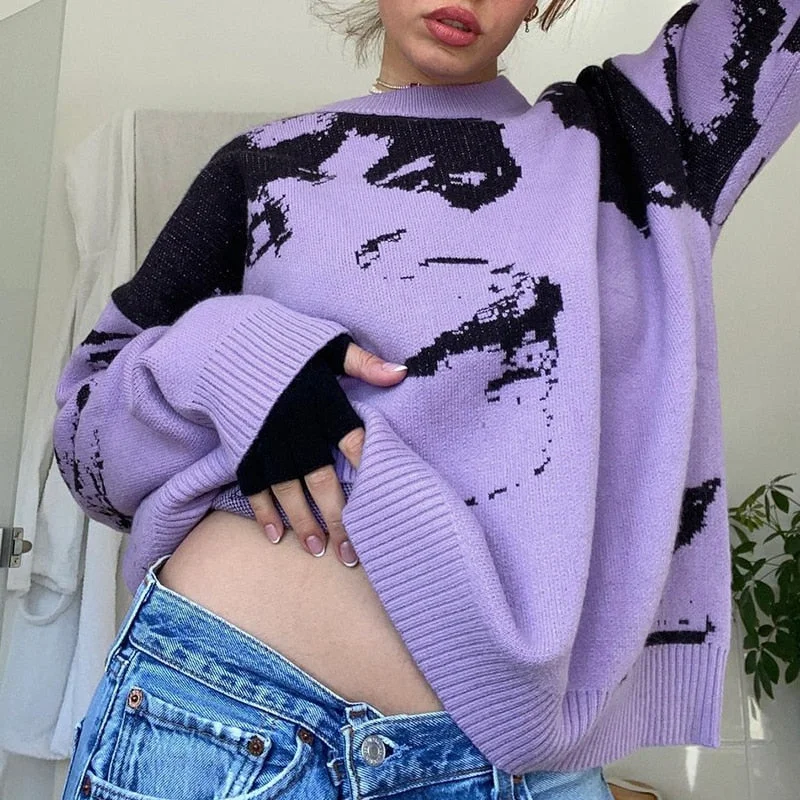 Gothic Women Knitted Sweater Portrait Print Pullover Long Sleeve Round Neck Loose Jumper Y2K Fashion Vintage Knitwear Streetwear