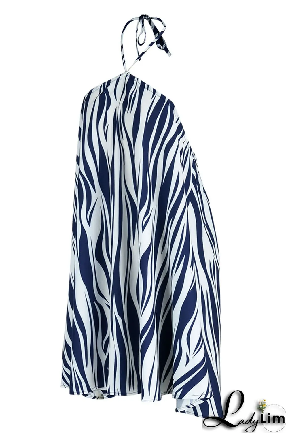Blue Fashion Casual Print Bandage Backless Halter Sleeveless Dress Dresses
