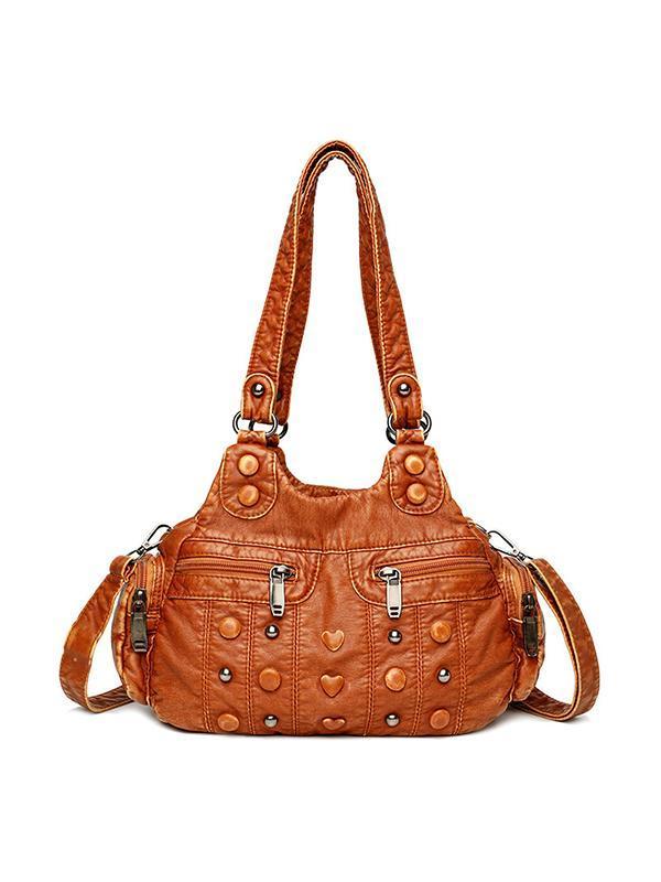 Heart Studded High Capacity Washed Leather Bag