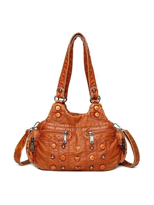 Heart Studded High Capacity Washed Leather Bag