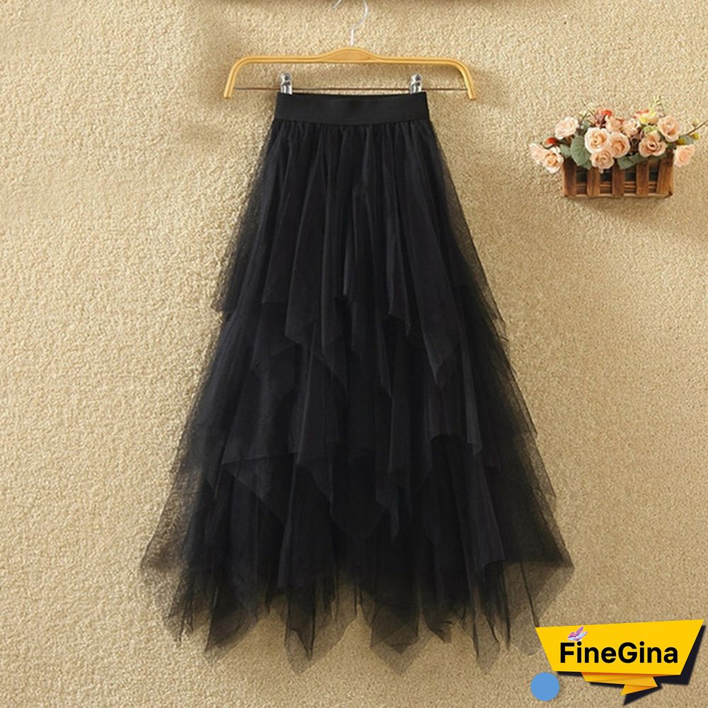 Women Summer Tulle Skirt Elastic Mesh Layered High Waist Pleated Ladies Midi Skirt