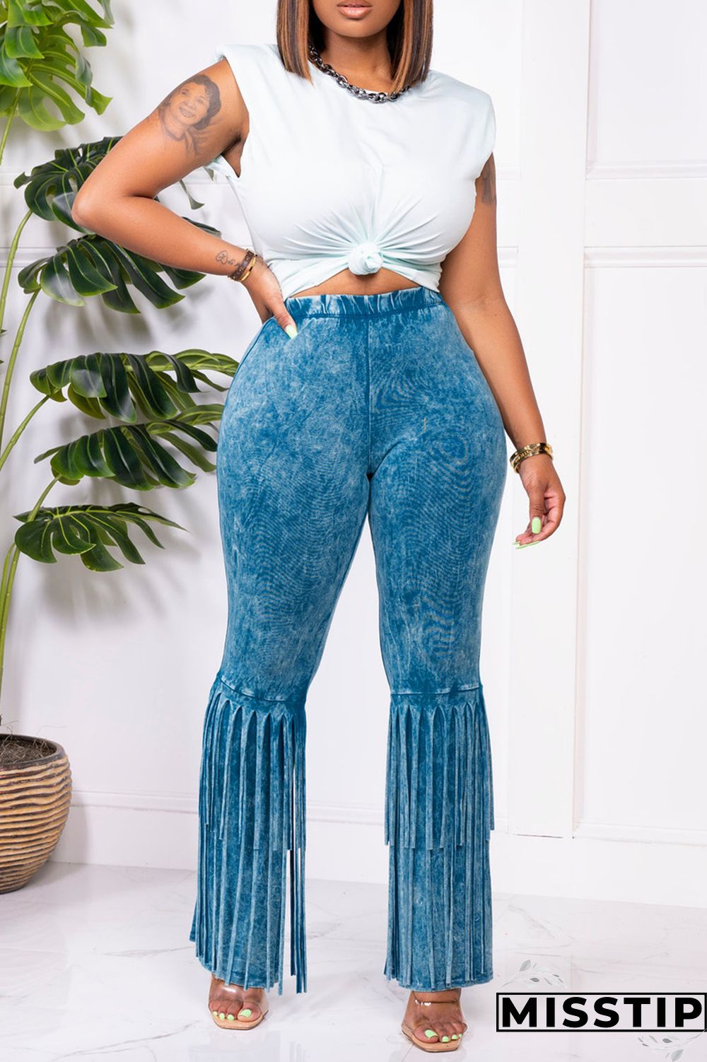 Black Fashion Casual Print Tassel Patchwork O Neck Sleeveless Two Pieces