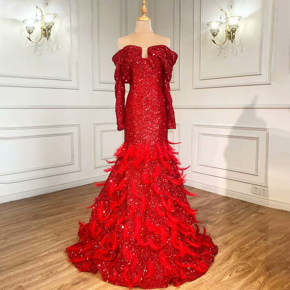 Ovlias Fashion Red Sequin Prom Dress Long Sleeves A Line with Feather LM0040