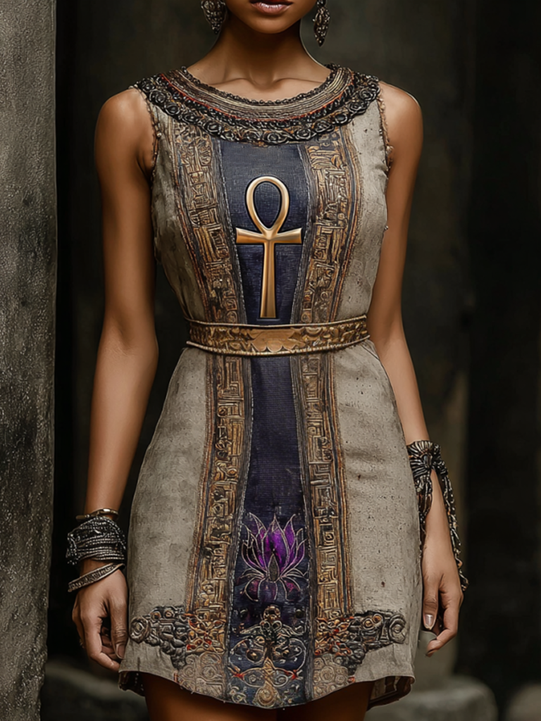Egyptian Ankh Symbol And Nymphaea Lotus Pattern Women's Vest Maxi Dress