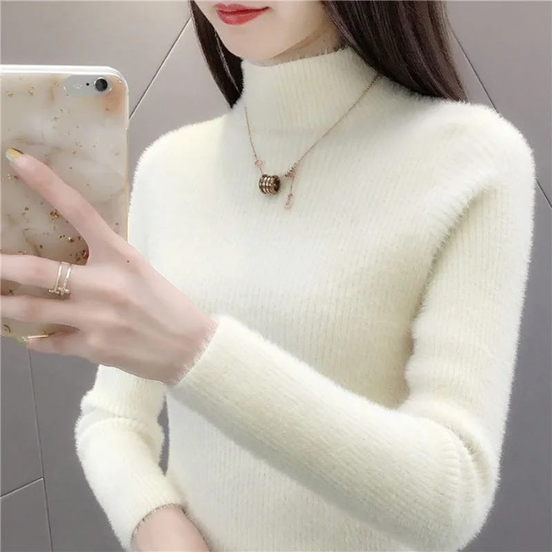 Zoki High Quality Faux Fur Women Knitted Sweater Winter Warm Turtleneck Pullover Female Top Casual Thick Korean Loose Jumper