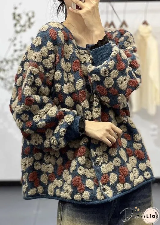 Stylish Blue O Neck Jacquard Plus Size Knit Sweaters Coats Fall