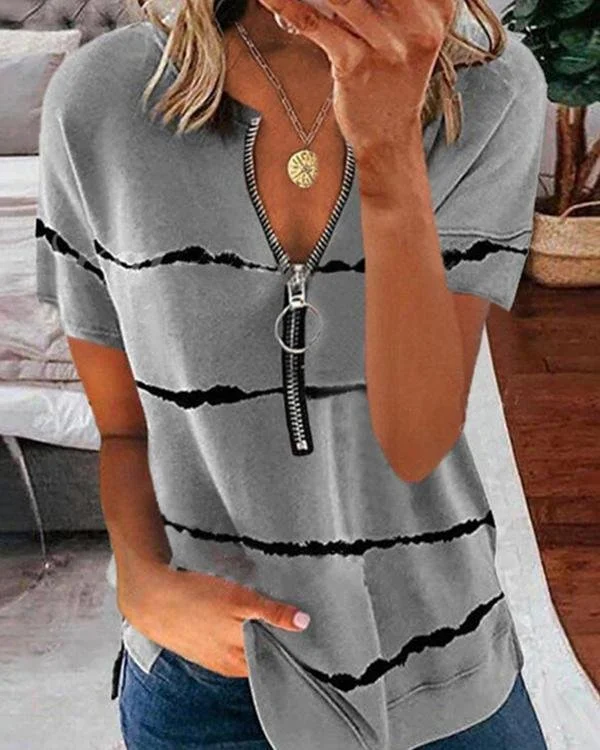 Women's Loose Short Sleeve Zip Print Striped T-Shirt