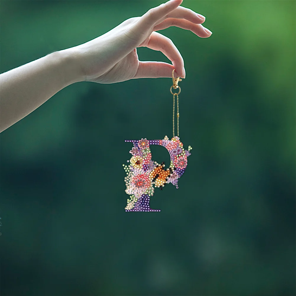 DIY P Diamond Art Key Rings Lettter Keychain Supplies Gift for Kids(Double Sided)